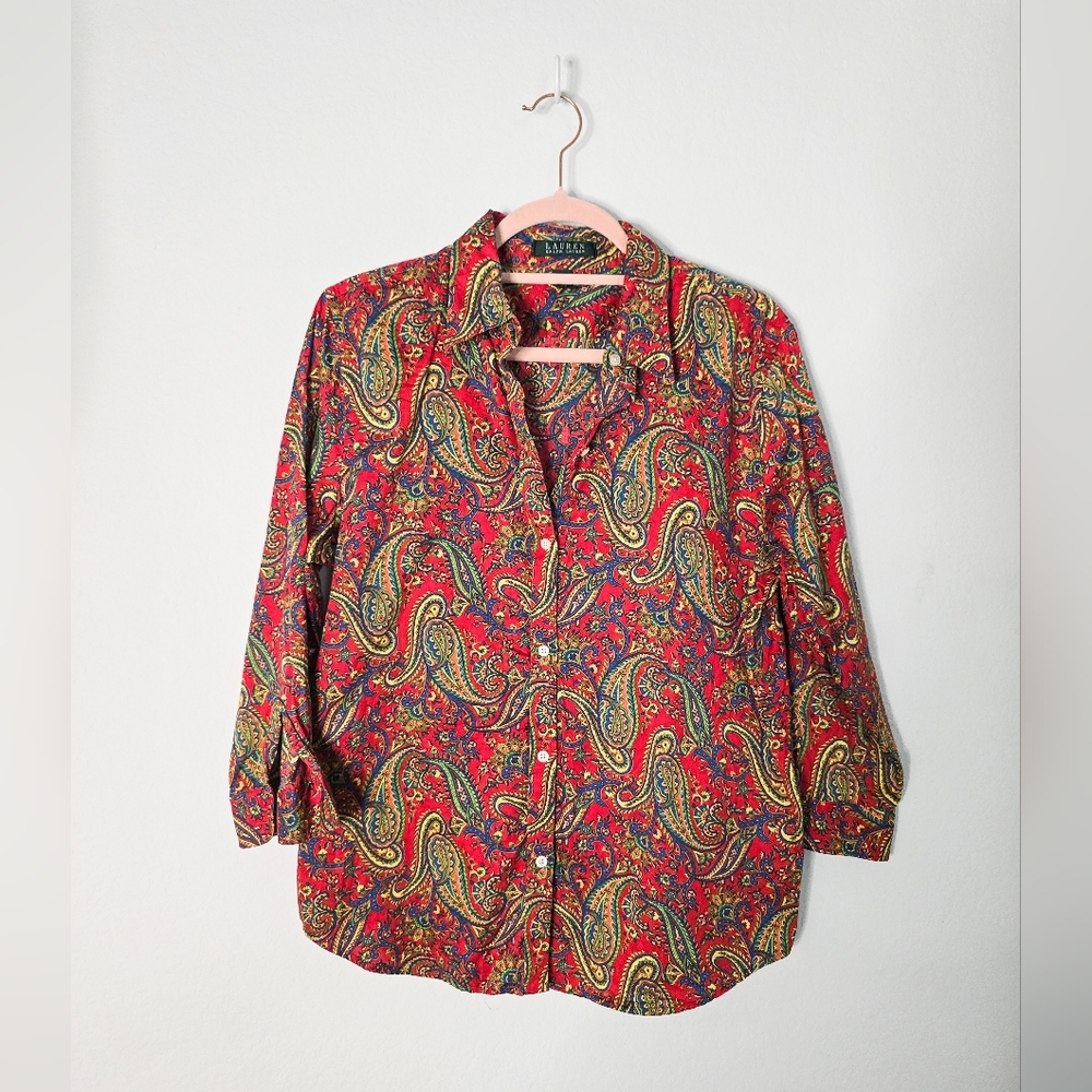 Vintage Ralph Lauren Red Paisley Button-Down Shirt Size Large - Picture 2 of 7